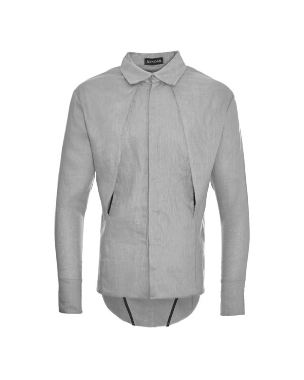 MINOAR - Trigon Layered Collar Shirt, Men's black linen shirt with layered construction - 1