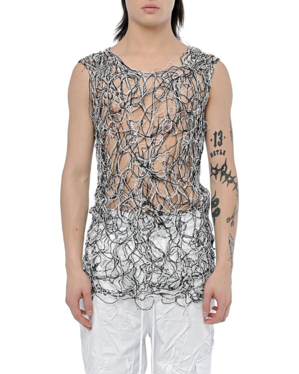 MINOAR - Web Bonded Contrast Sleeveless Top, Men's black cotton top with Fiber-Bond texture - 1