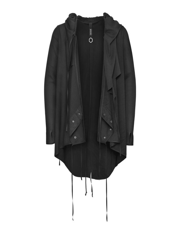 MINOAR - Transform Layered Hooded Cardigan, Men's black cotton cardigan with thumb openings - 1
