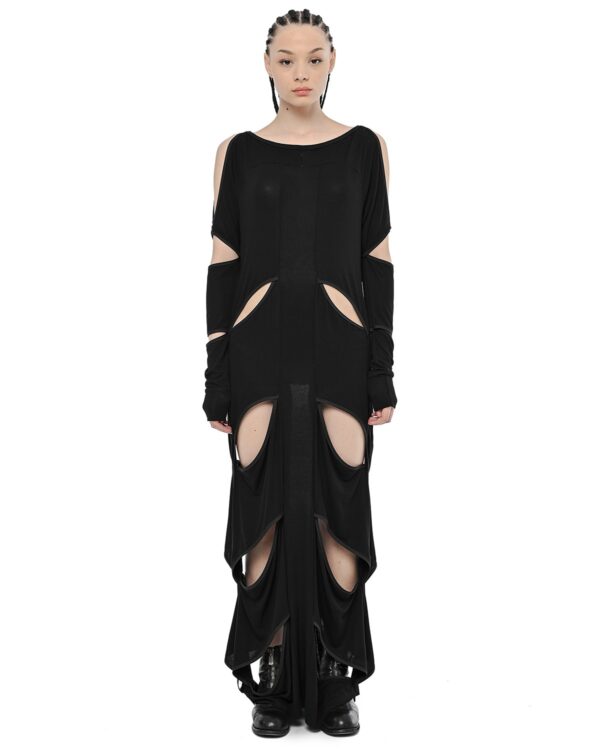 MINOAR - Elongated Division Cut Dress, Women's black cotton dress with multi-panel construction - 1