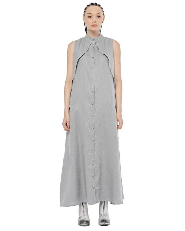 MINOAR - Trigon Layered Linen Dress, Women's grey linen dress with layered construction - 1