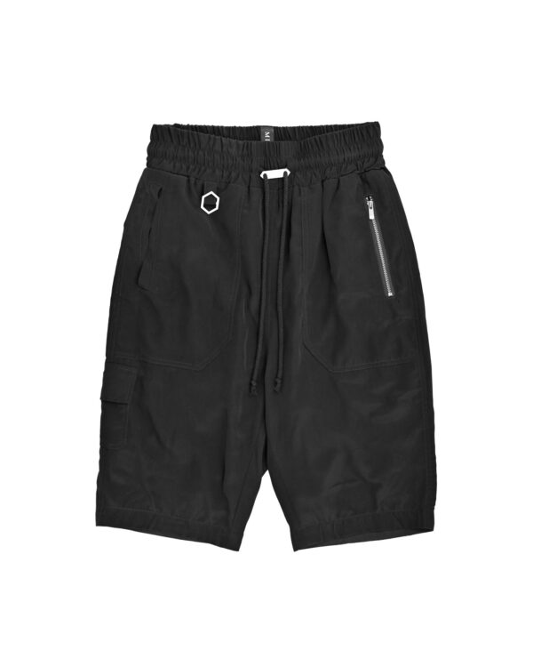 MINOAR - Black Silk Trousers, Men's black silk trousers with cargo pocket detail - 1