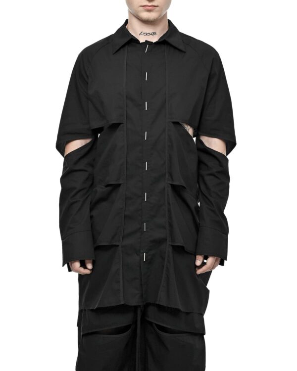 MINOAR - Division Cut Linear Collar Shirt, Men's black cotton shirt with multi-panel construction - 1