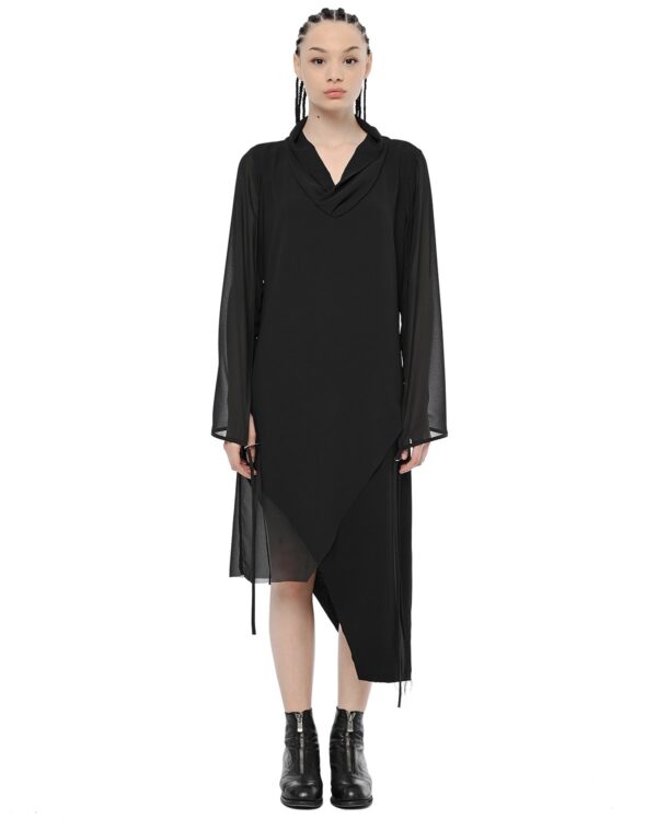 MINOAR - Asymmetric Draped Collar Dress, Women's black viscose dress with layered construction - 1
