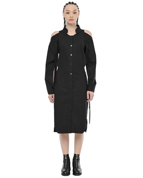 MINOAR - Open Shoulders Deconstruct Dress Shirt, Women's black cotton dress with multi-segment construction - 1