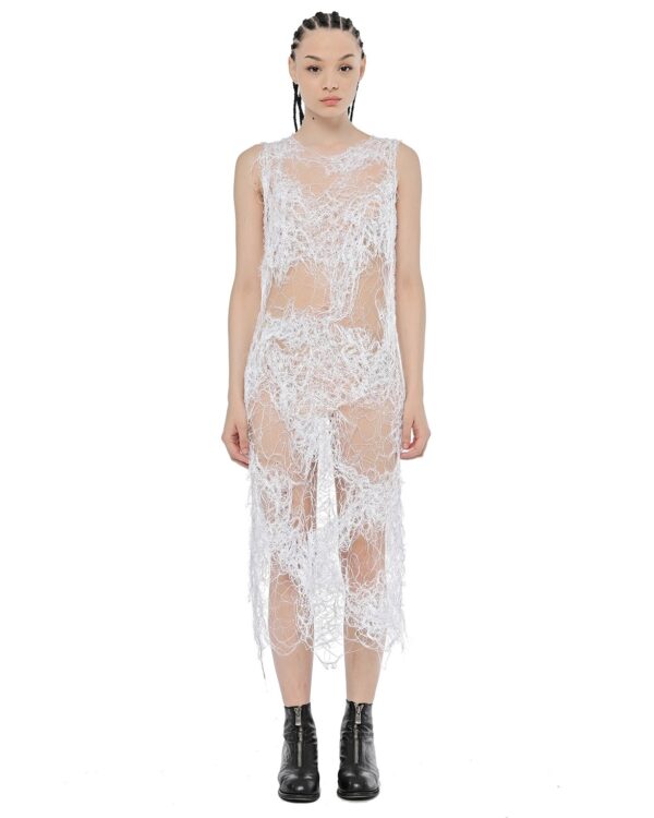 MINOAR - Elongated Cloud Fiber Web Dress, Women's white cotton dress with Fiber-Bond texture - 1