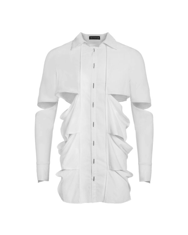 MINOAR - Division Cut Linear Collar Shirt, Men's white cotton shirt with multi-panel construction - 1