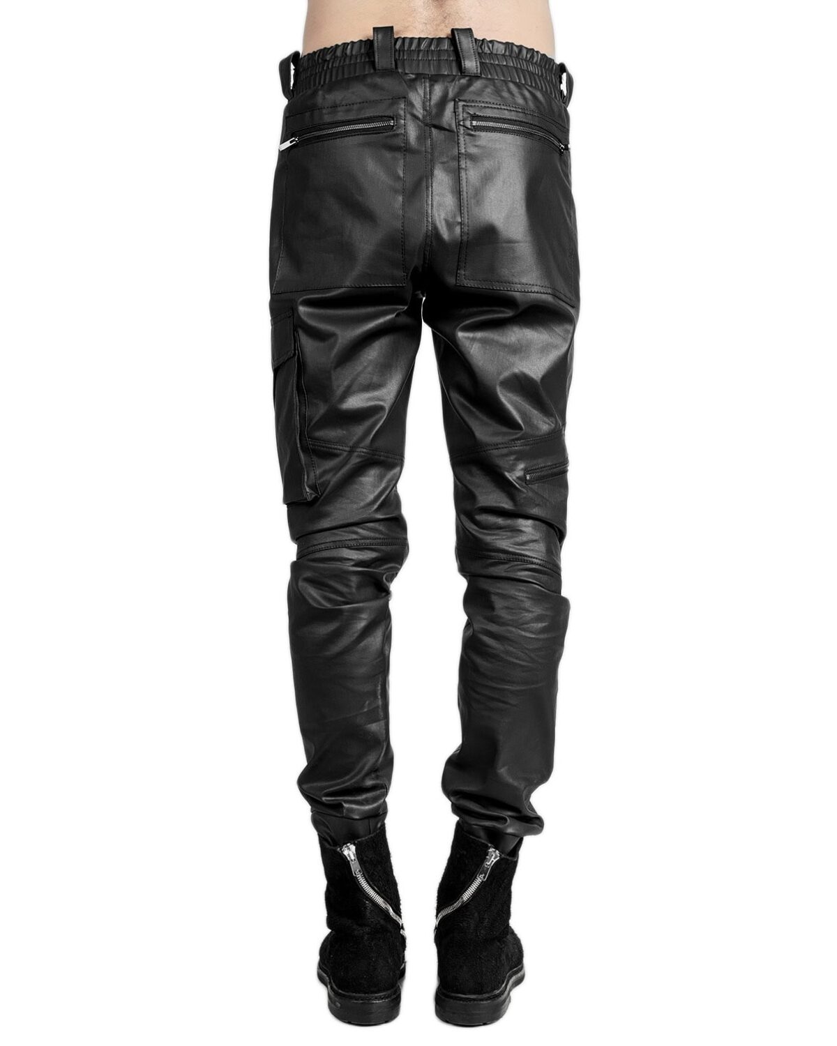 MINOAR - SPIRAL COATED CARGO BIKER TROUSERS, Men's black viscose trousers with cargo pocket detail - 4