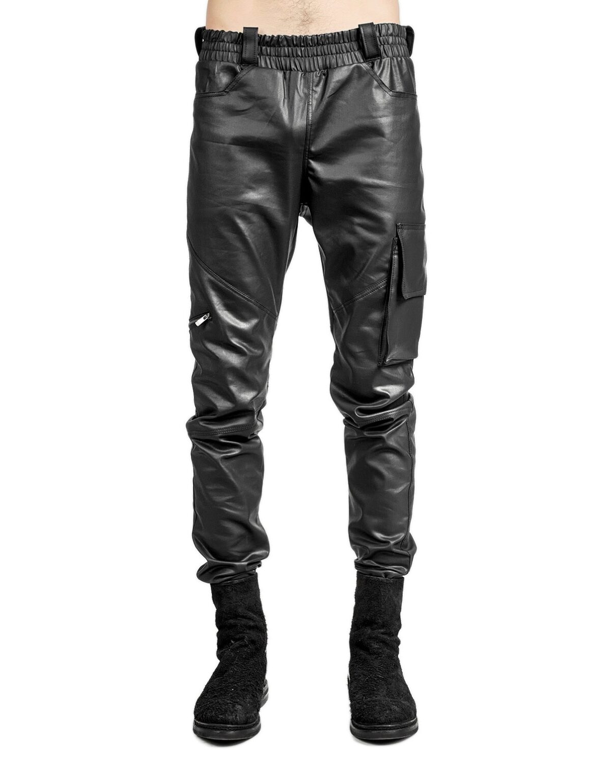 MINOAR - SPIRAL COATED CARGO BIKER TROUSERS, Men's black viscose trousers with cargo pocket detail - 3
