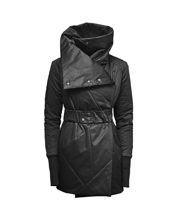 MINOAR - Quilted Winter High Neck Coat, Women's black cotton coat with thumb openings - 1