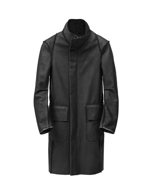 MINOAR - Black Wool Reversed High Neck Coat, Men's black wool coat with steel hardware detail - 1