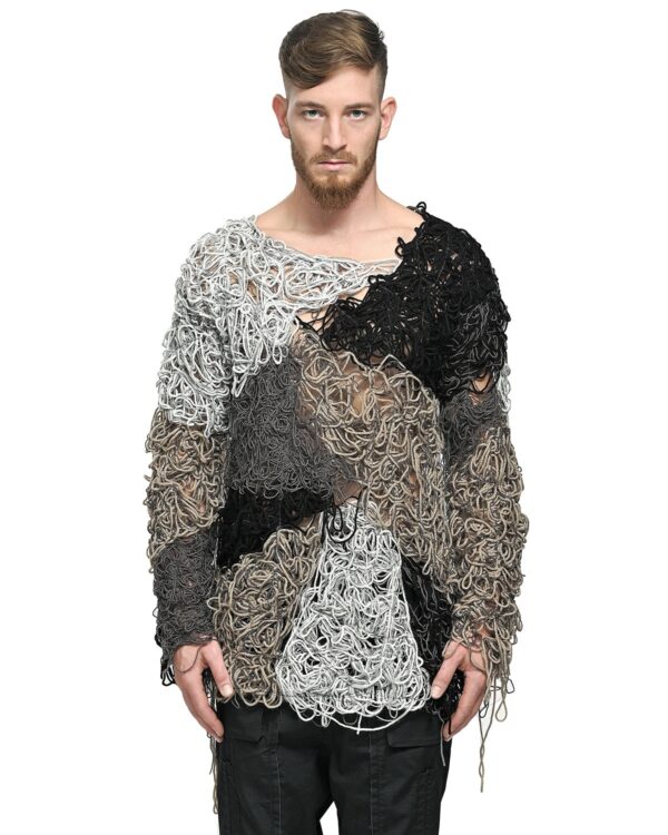 MINOAR - Fiber Bond Artwork Segment Sweater, Men's black wool sweater with Fiber-Bond texture - 1
