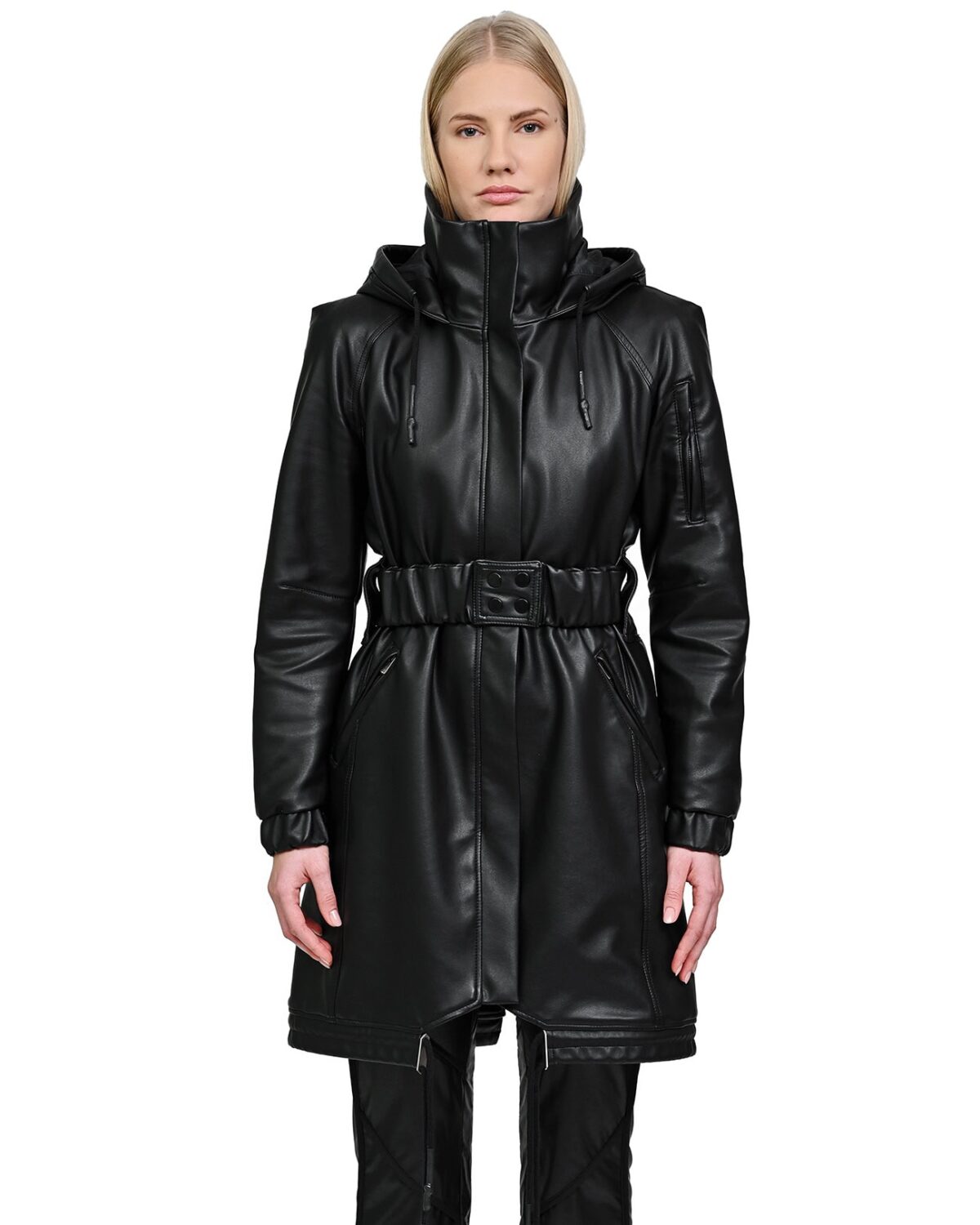 MINOAR - Construct Vegan Leather Cinched Parka, Women's black leather with multi-panel construction - 4