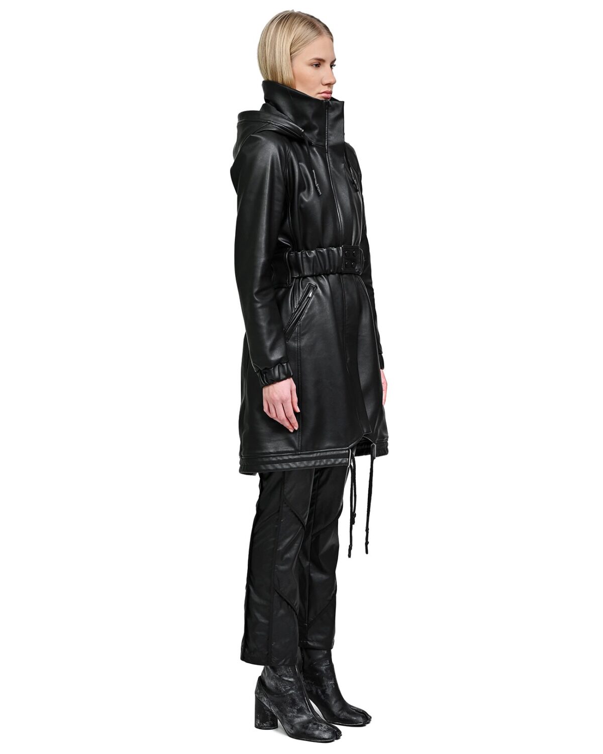 MINOAR - Construct Vegan Leather Cinched Parka, Women's black leather with multi-panel construction - 7