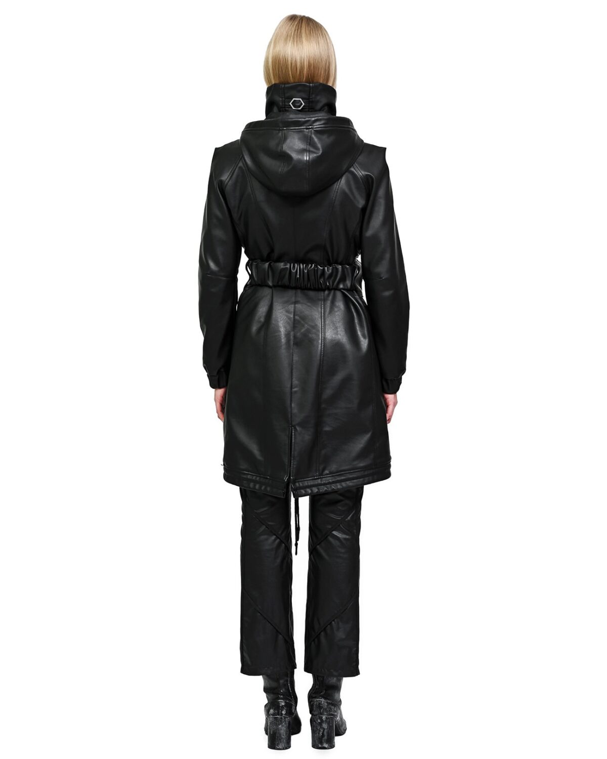 MINOAR - Construct Vegan Leather Cinched Parka, Women's black leather with multi-panel construction - 8