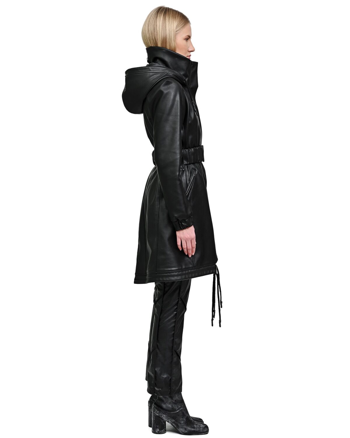 MINOAR - Construct Vegan Leather Cinched Parka, Women's black leather with multi-panel construction - 6