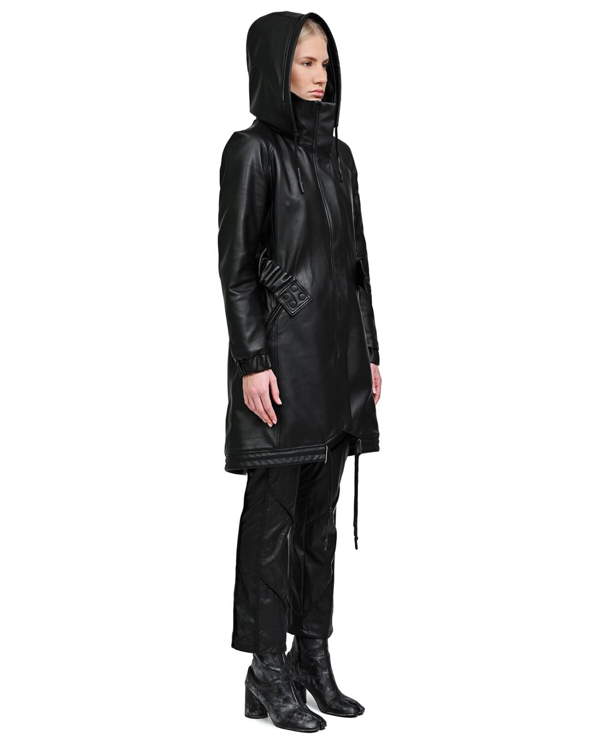 MINOAR - Construct Vegan Leather Cinched Parka, Women's black leather with multi-panel construction - 5