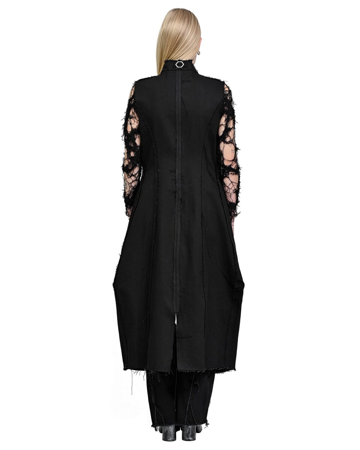 MINOAR - Hexa Long Layers Sleeveless Coat, Women's black cotton coat with raised collar - 5