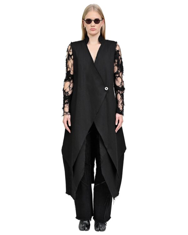 MINOAR - Hexa Long Layers Sleeveless Coat, Women's black cotton coat with raised collar - 1