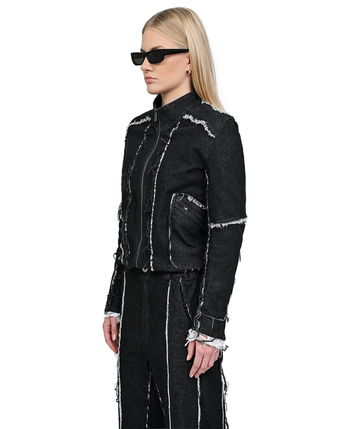 MINOAR - String Denim Raw Edge Jacket, Women's black cotton jacket with multi-segment construction - 3