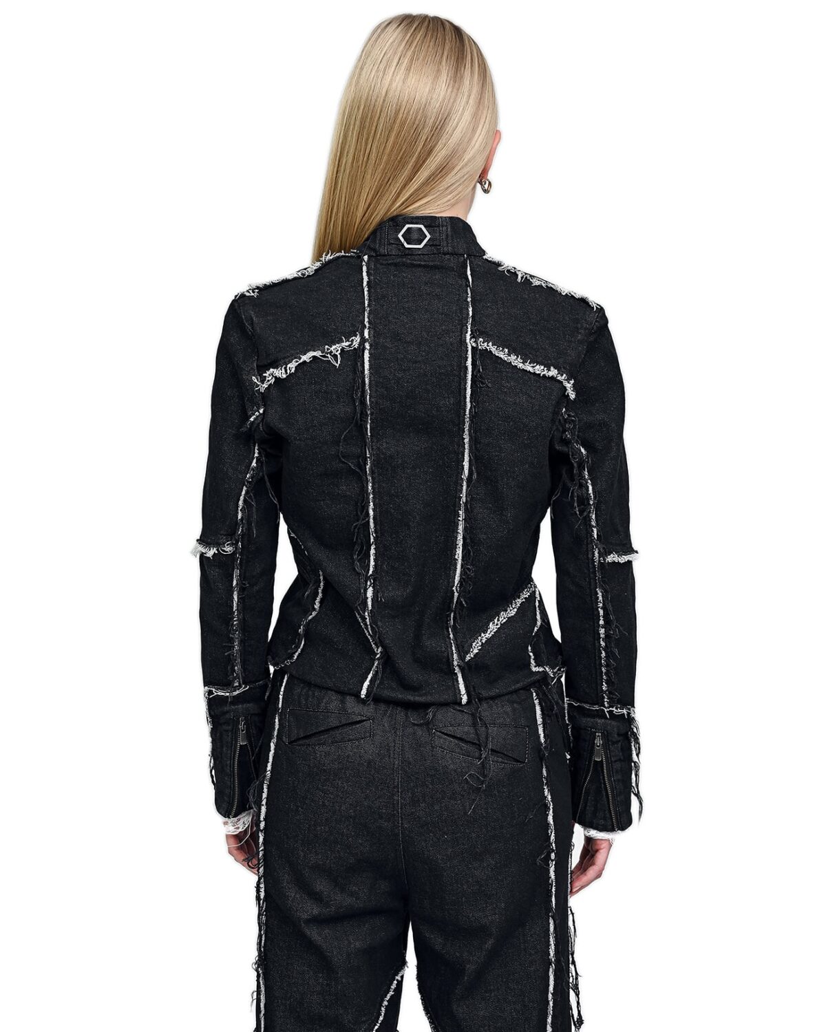 MINOAR - String Denim Raw Edge Jacket, Women's black cotton jacket with multi-segment construction - 4