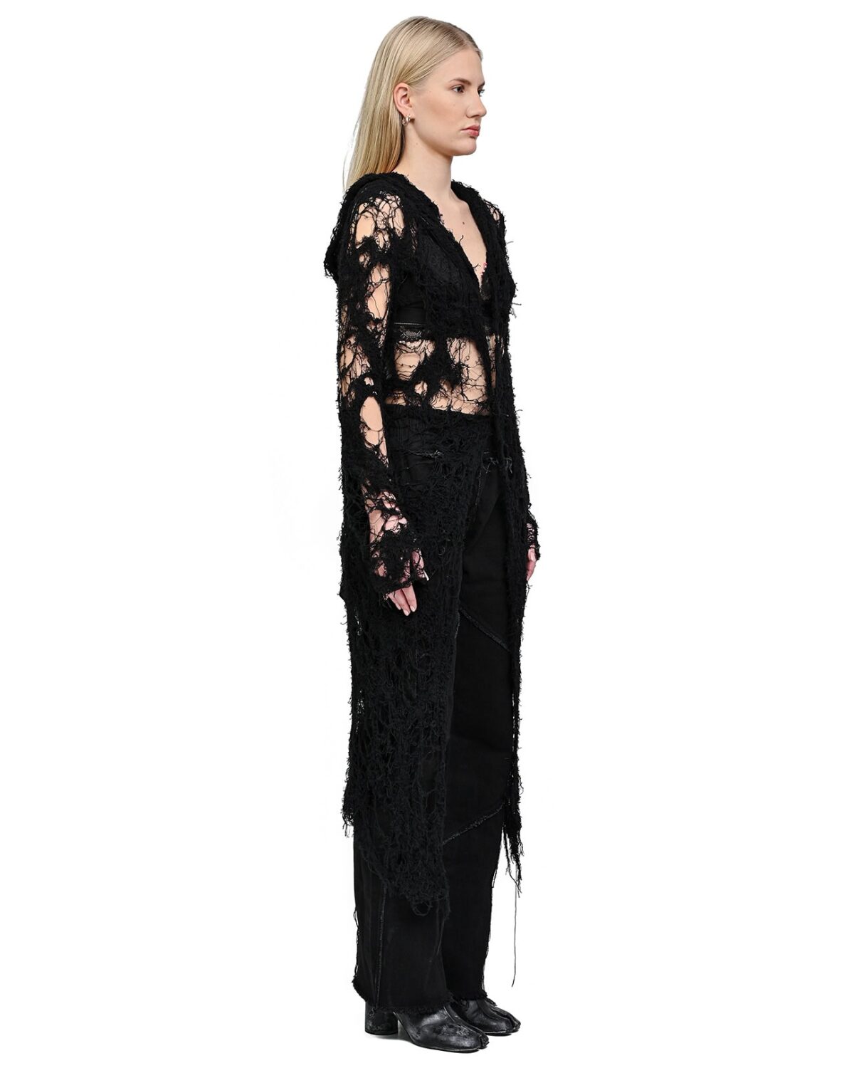 MINOAR - Fiber Bond Long Sheer Cardigan, Women's black cotton cardigan with Fiber-Bond texture - 3