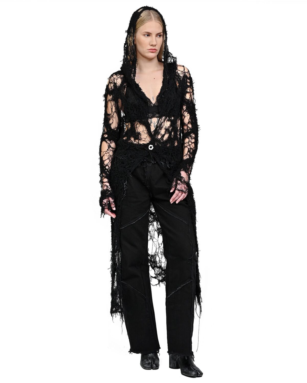 MINOAR - Fiber Bond Long Sheer Cardigan, Women's black cotton cardigan with Fiber-Bond texture - 5