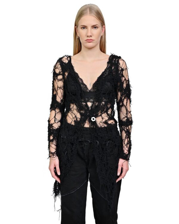 MINOAR - Fiber Bond Sheer Cardigan, Women's black cotton cardigan with Fiber-Bond texture - 1