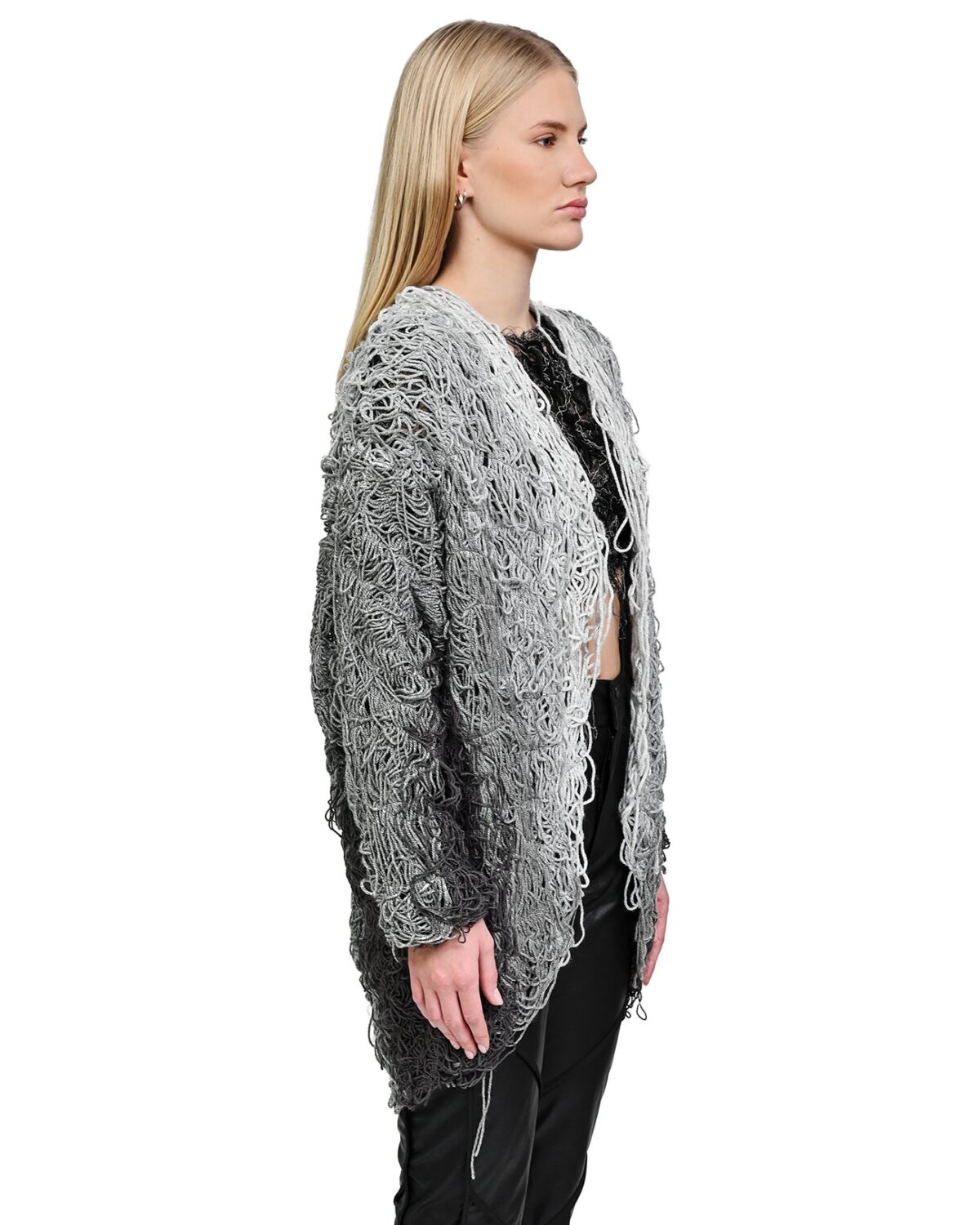 MINOAR - Fiber Bond Progress Grey Cardigan, Women's grey wool cardigan with Fiber-Bond texture - 3