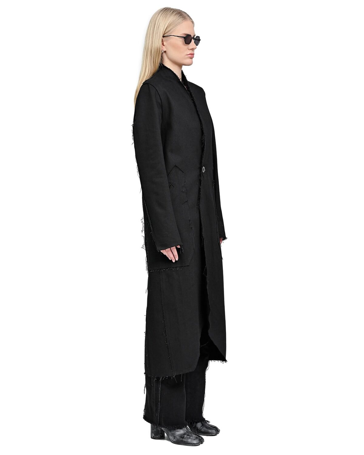 MINOAR - Black Long Denim Hexa Coat, Women's black cotton coat with diagonal welt pockets - 3