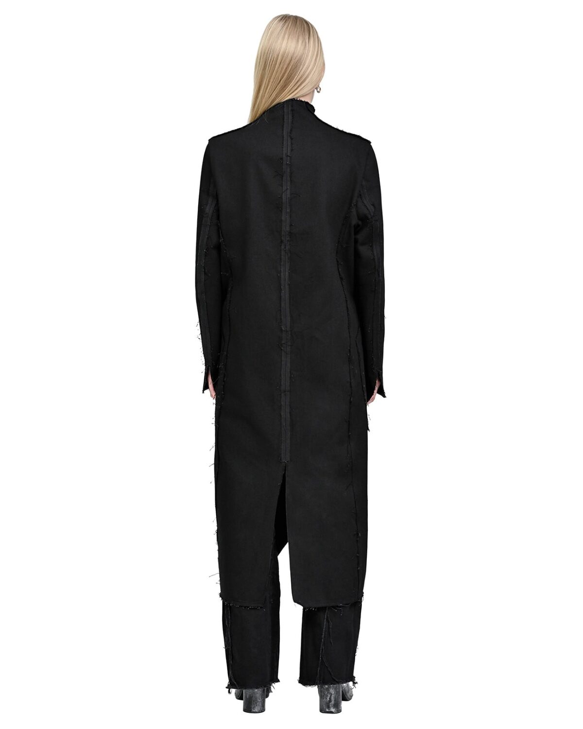 MINOAR - Black Long Denim Hexa Coat, Women's black cotton coat with diagonal welt pockets - 4