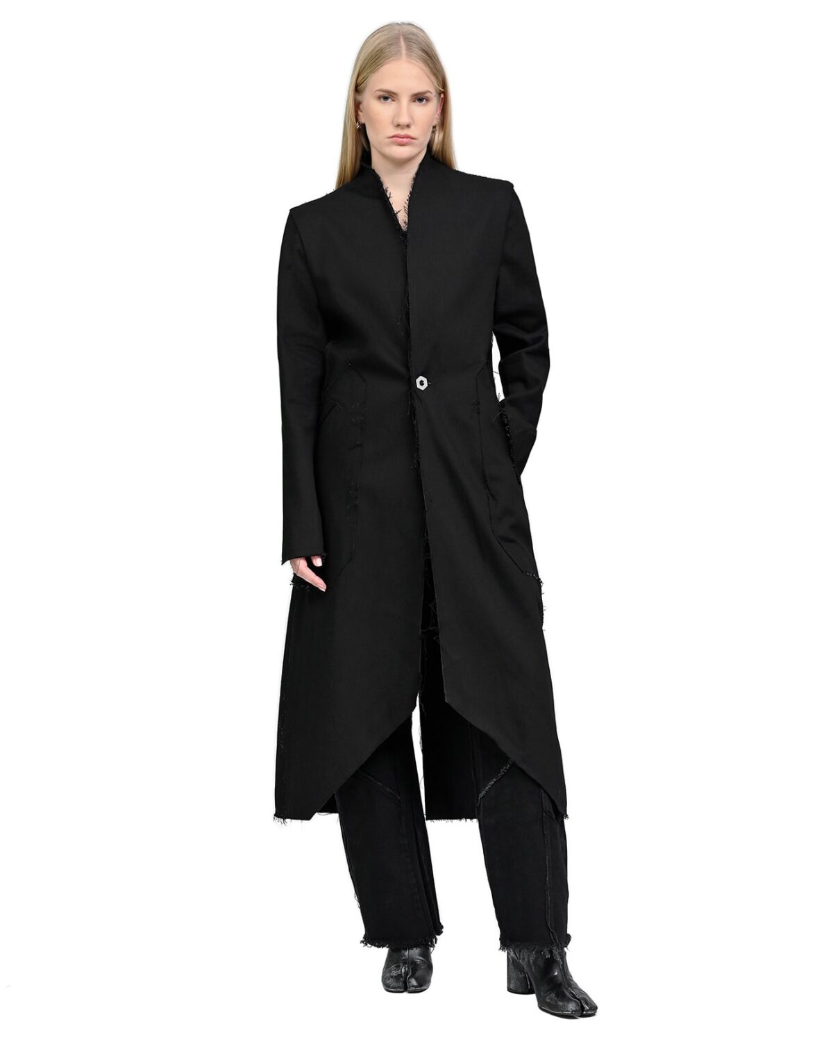 MINOAR - Black Long Denim Hexa Coat, Women's black cotton coat with diagonal welt pockets - 5