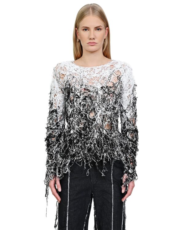 MINOAR - Fiber Bond String Contrast Sweater, Women's black cotton sweater with Fiber-Bond texture - 1