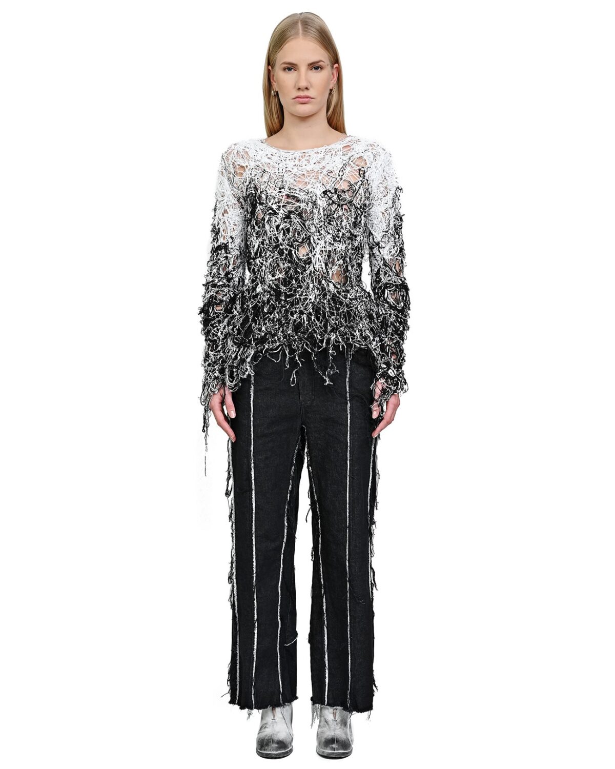 MINOAR - Fiber Bond String Contrast Sweater, Women's black cotton sweater with Fiber-Bond texture - 3