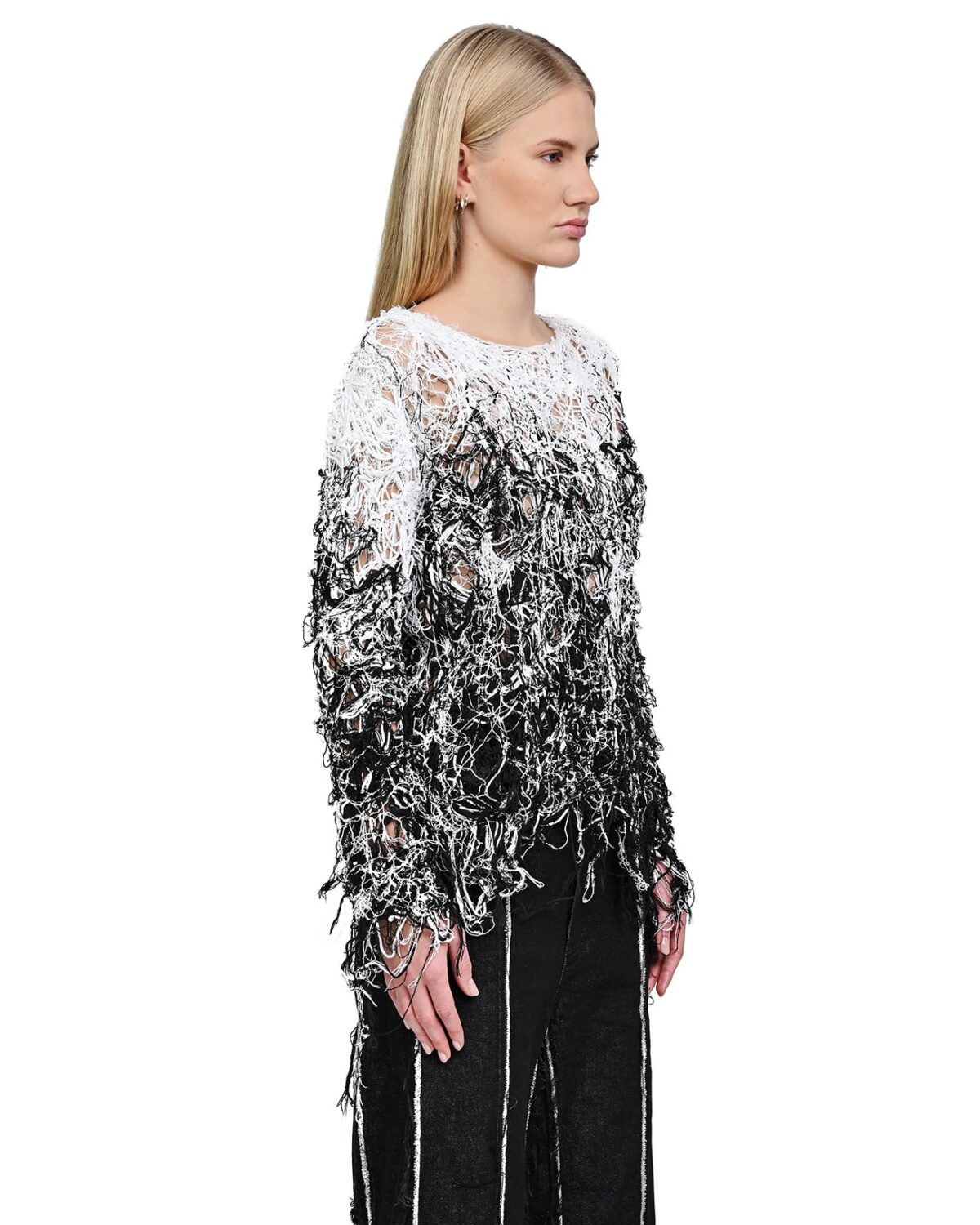 MINOAR - Fiber Bond String Contrast Sweater, Women's black cotton sweater with Fiber-Bond texture - 4