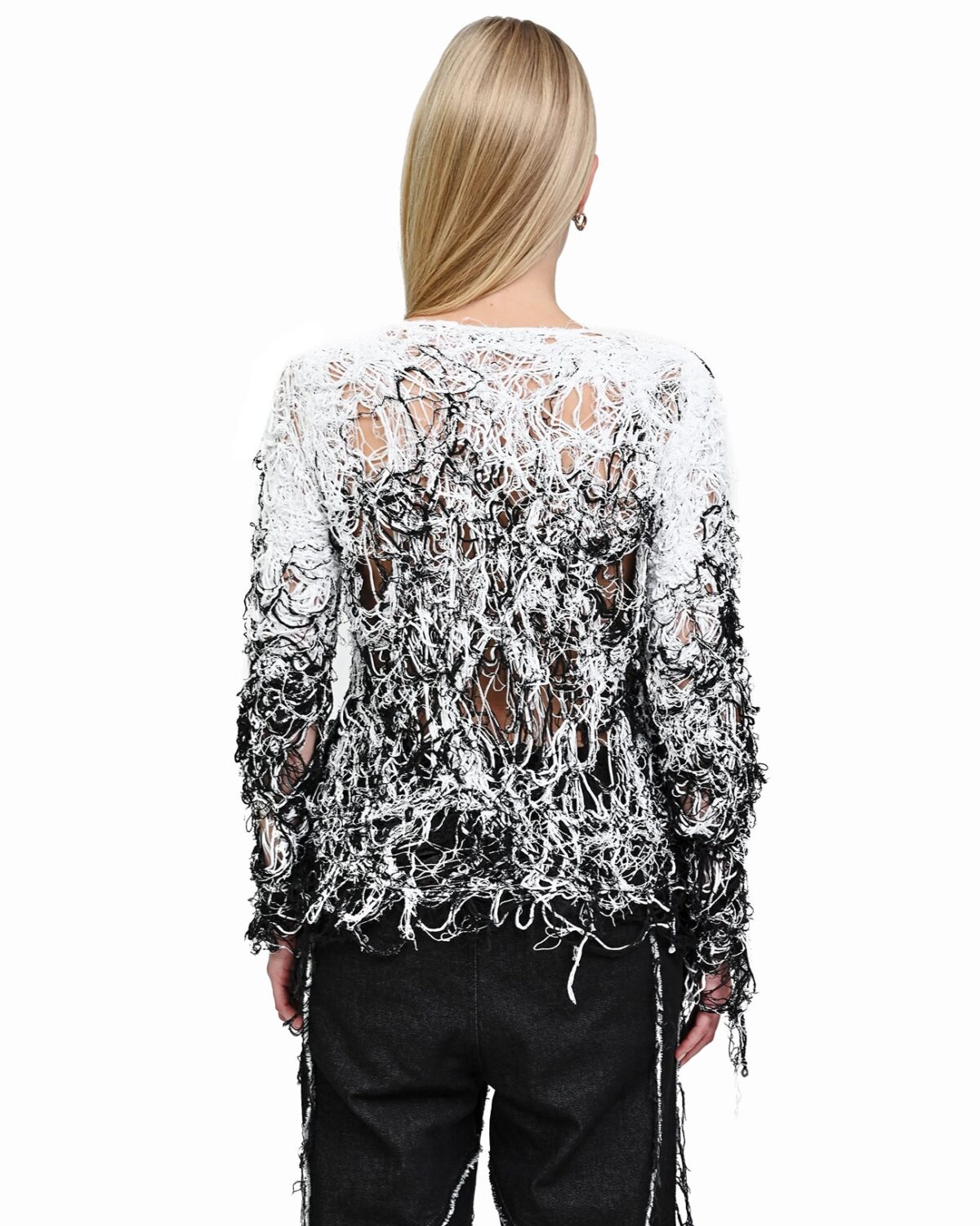 MINOAR - Fiber Bond String Contrast Sweater, Women's black cotton sweater with Fiber-Bond texture - 5