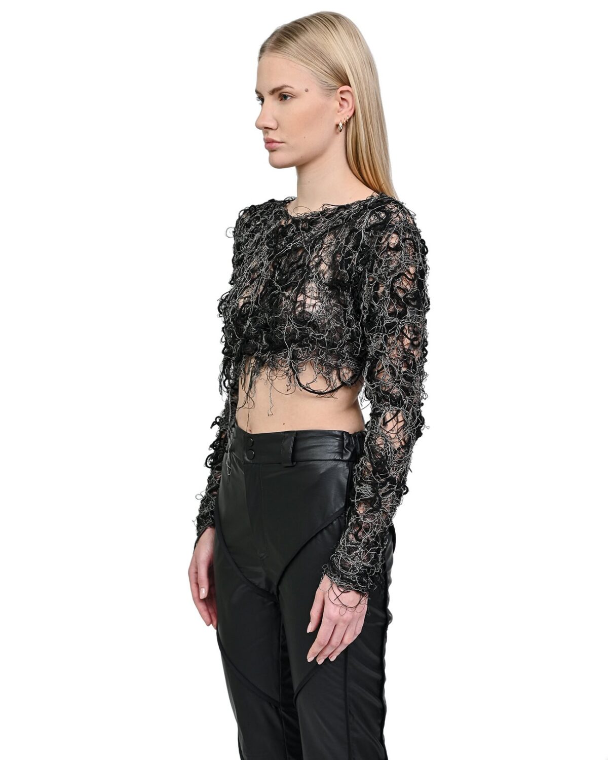 MINOAR - Fiber Bond String Crop Cut Sweater, Women's black cotton sweater with Fiber-Bond texture - 3
