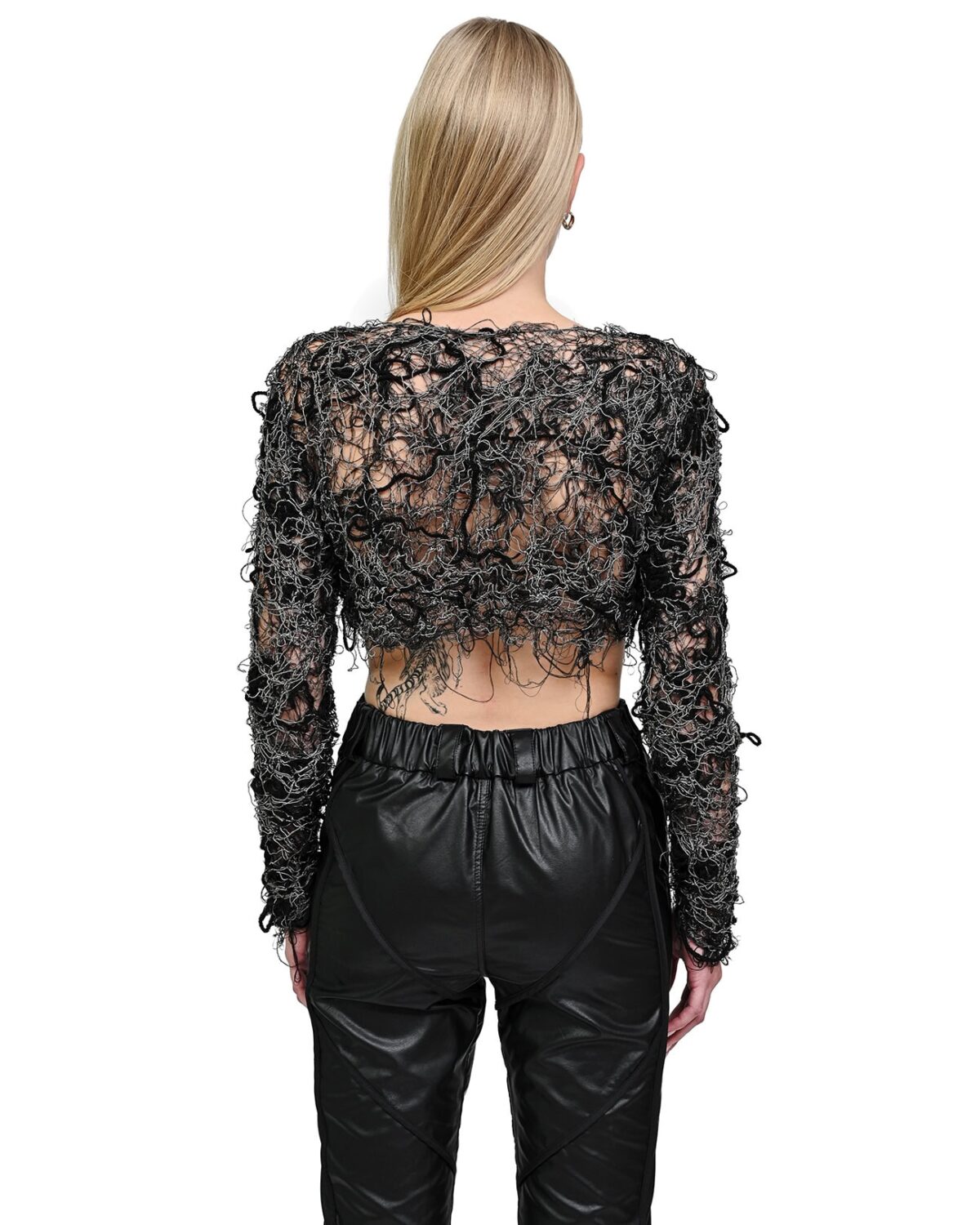 MINOAR - Fiber Bond String Crop Cut Sweater, Women's black cotton sweater with Fiber-Bond texture - 4