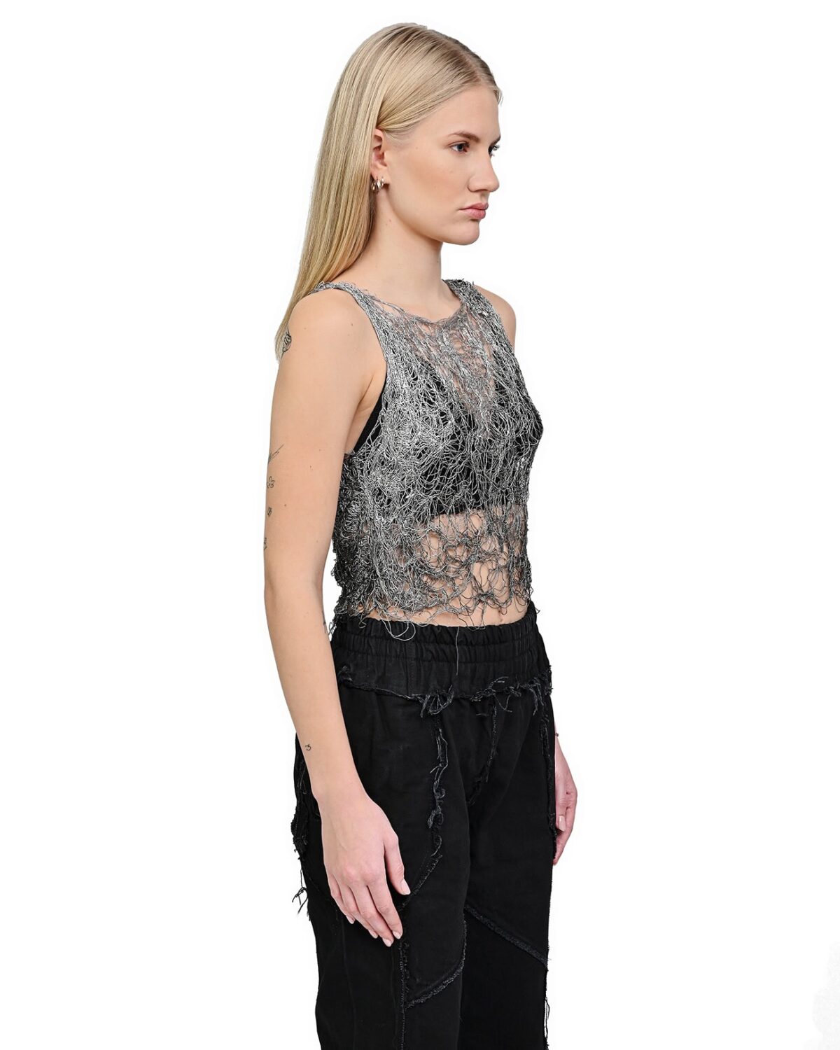 MINOAR - Fiber Bond Sheer Sleeveless Crop Top, Women's grey viscose top with Fiber-Bond texture - 4