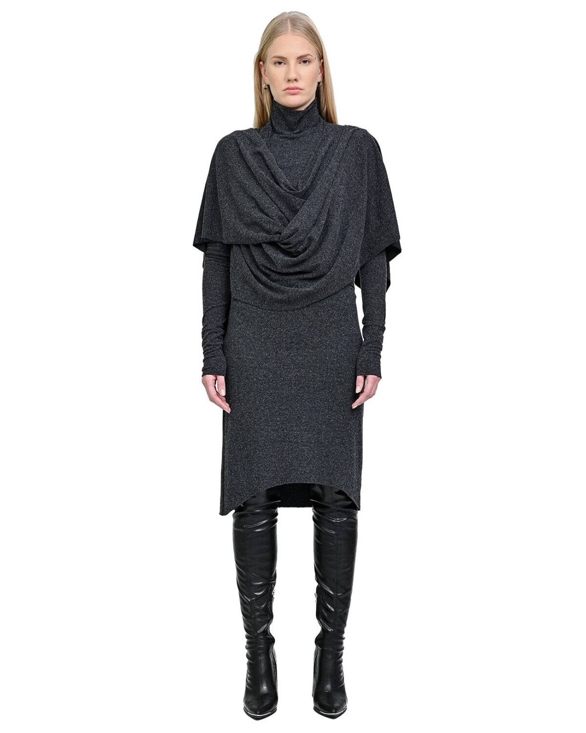 MINOAR - Sphere Draped Layers Dress, Women's black wool dress with layered construction - 3