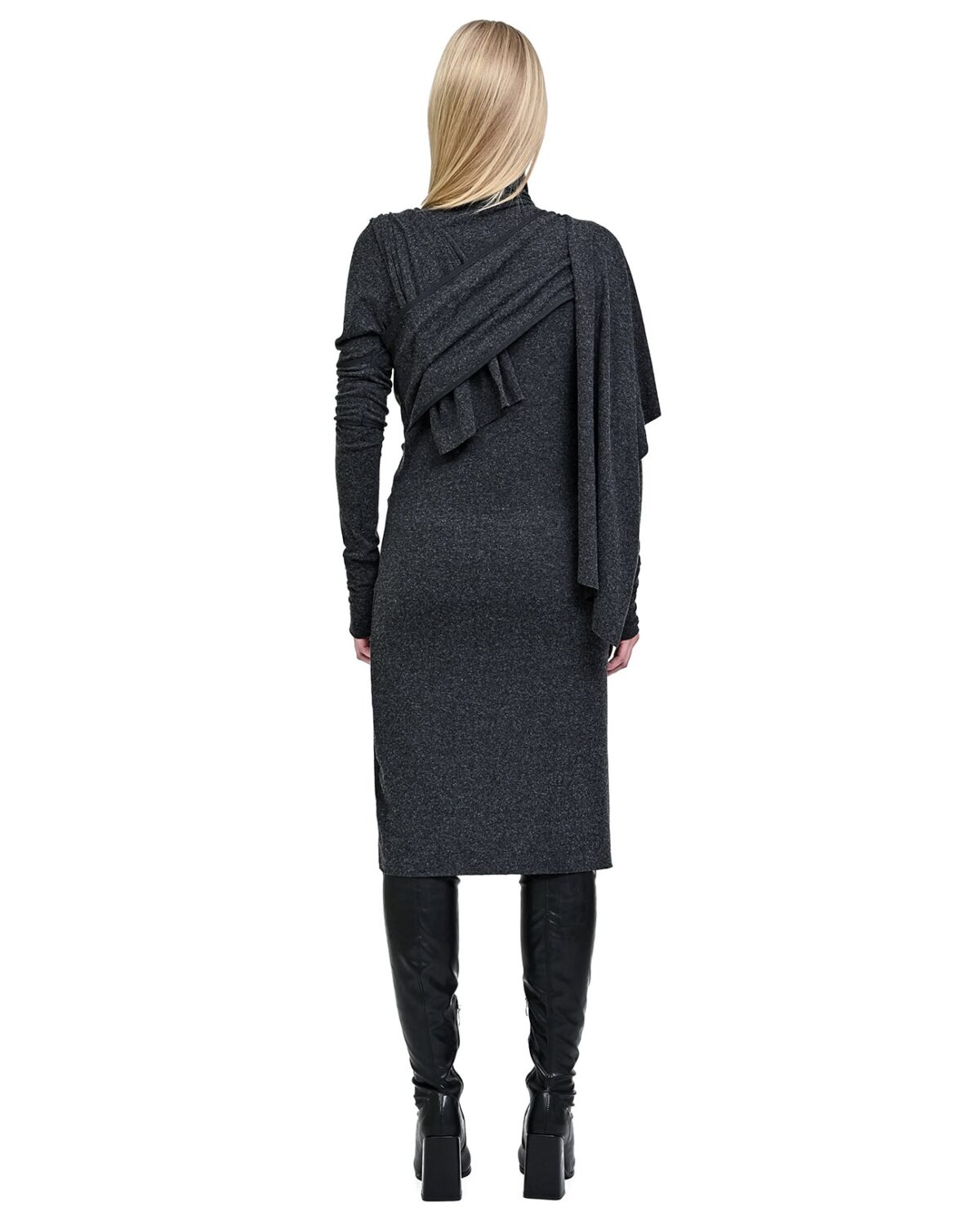 MINOAR - Sphere Draped Layers Dress, Women's black wool dress with layered construction - 6