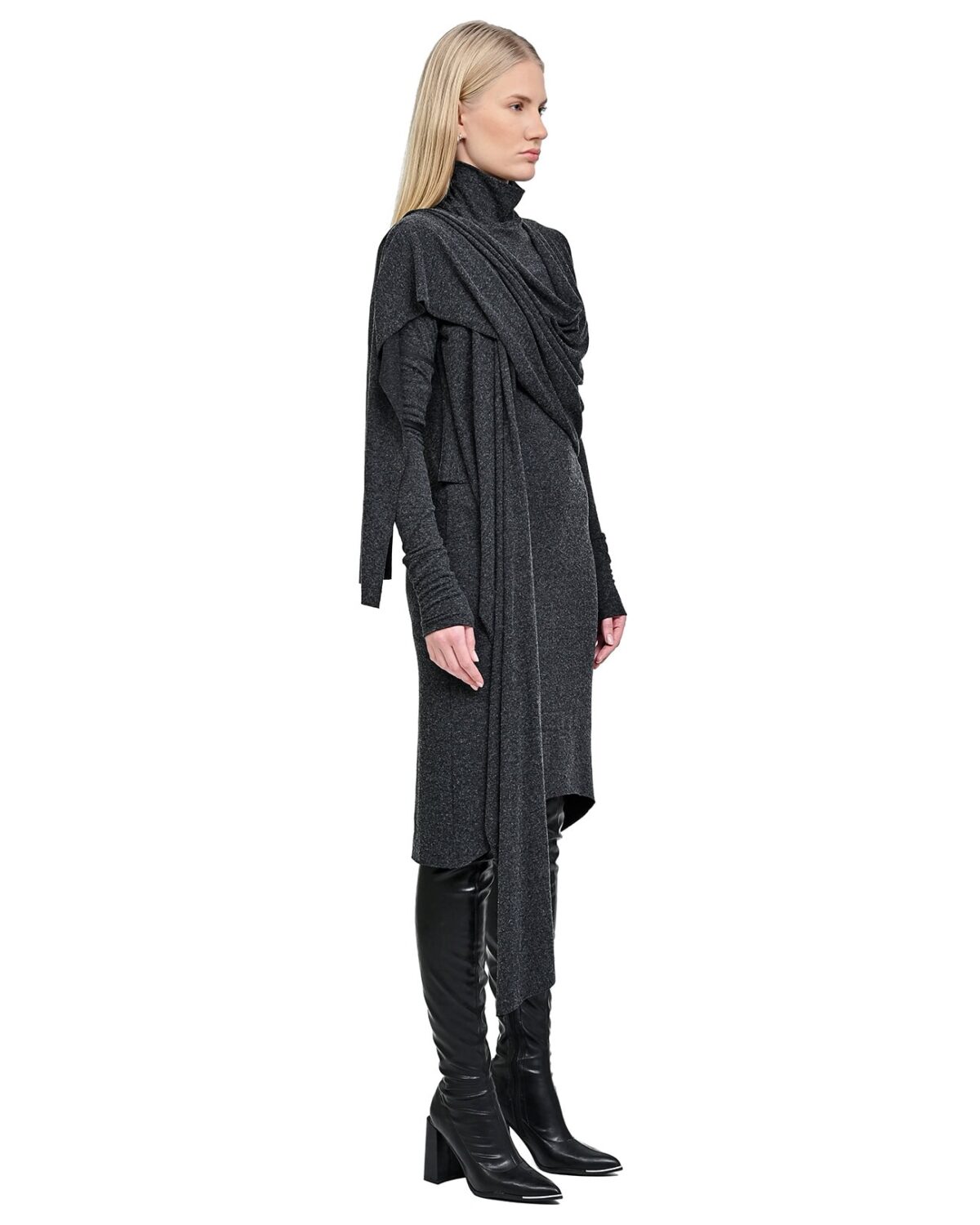 MINOAR - Sphere Draped Layers Dress, Women's black wool dress with layered construction - 5
