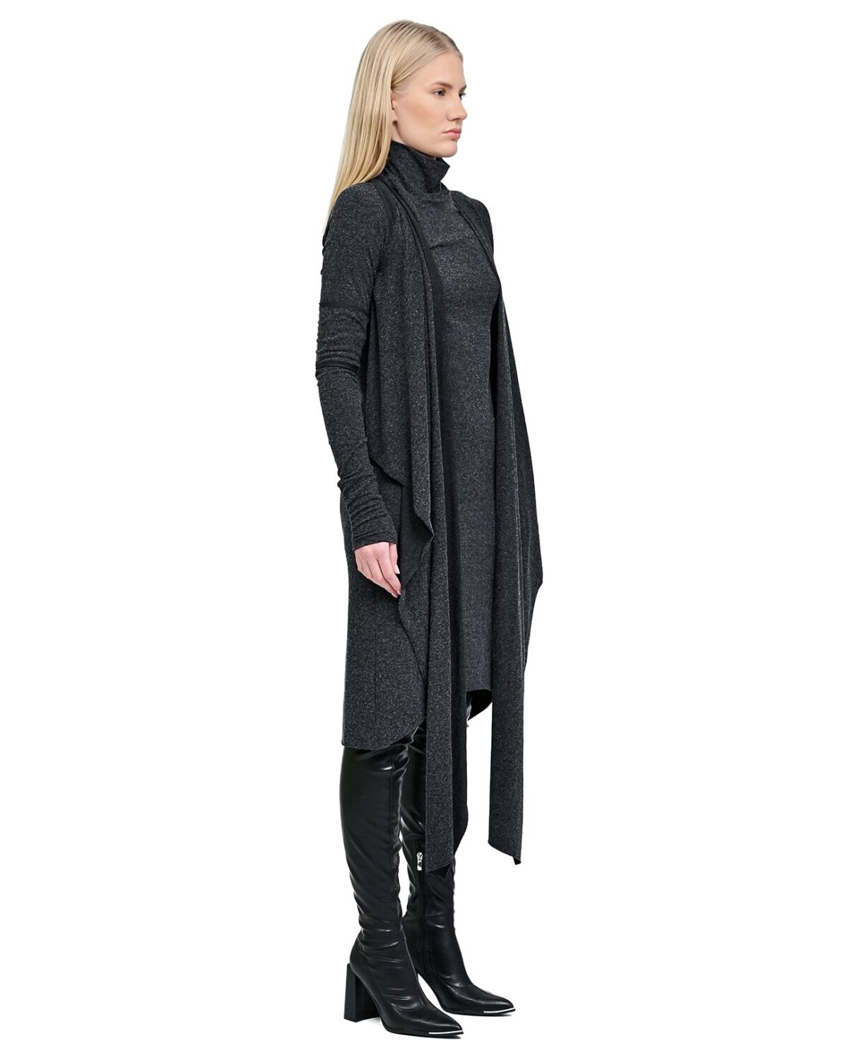 MINOAR - Sphere Draped Layers Dress, Women's black wool dress with layered construction - 4