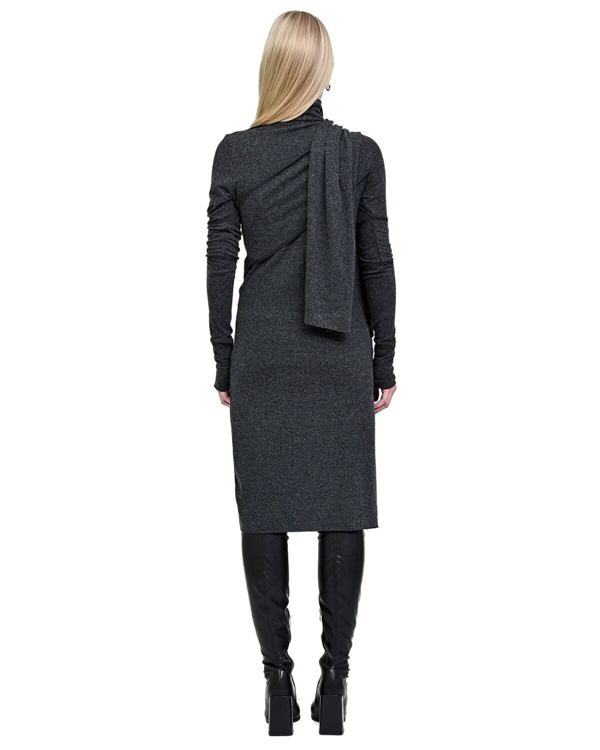 MINOAR - Sphere Draped Layers Dress, Women's black wool dress with layered construction - 7