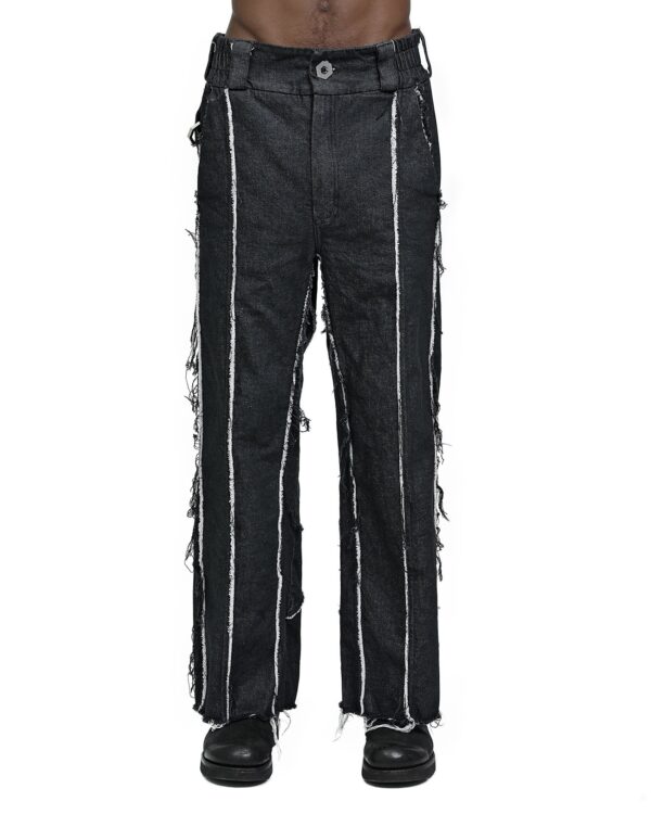 MINOAR - String Denim Raw Edge Trousers, Men's black cotton trousers with loose fit - 1