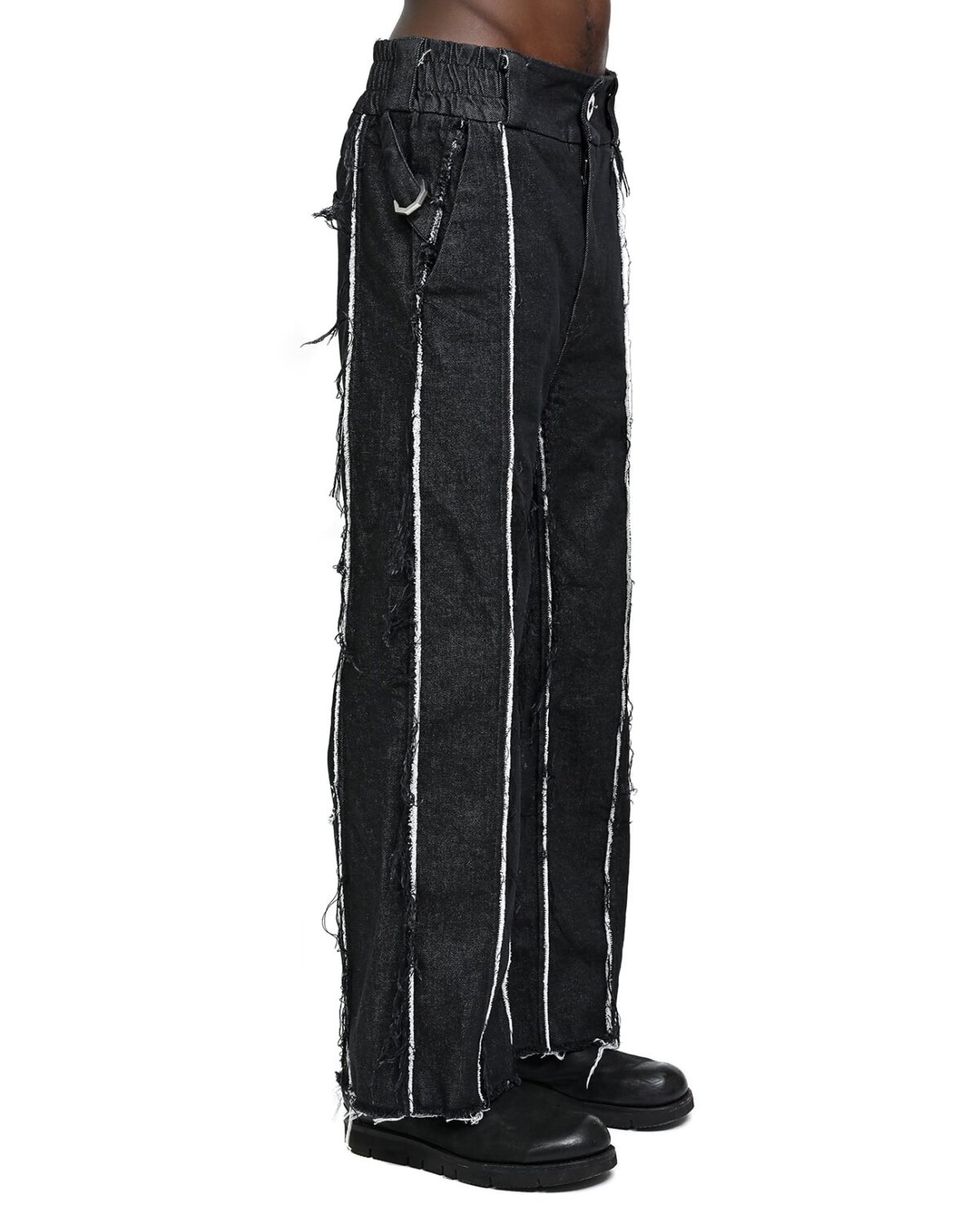MINOAR - String Denim Raw Edge Trousers, Men's black cotton trousers with loose fit - 3