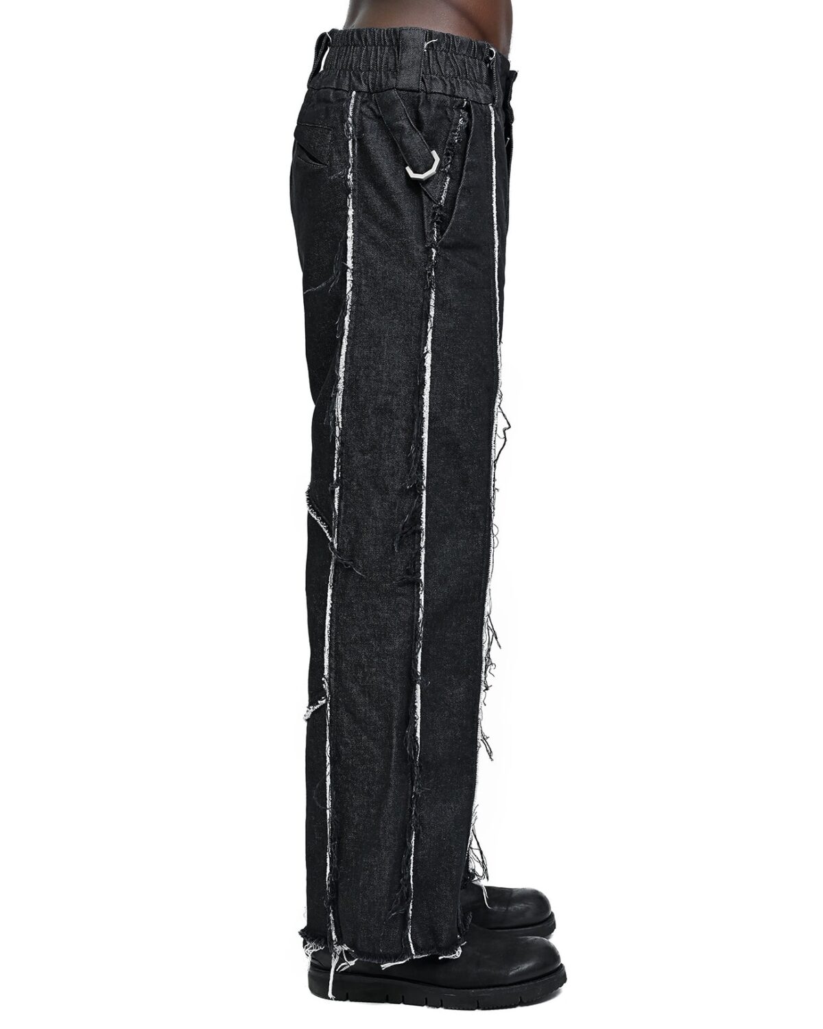 MINOAR - String Denim Raw Edge Trousers, Men's black cotton trousers with loose fit - 4
