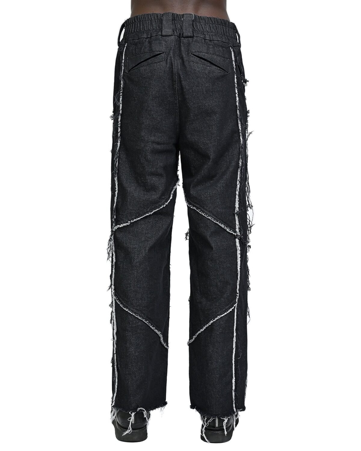 MINOAR - String Denim Raw Edge Trousers, Men's black cotton trousers with loose fit - 5