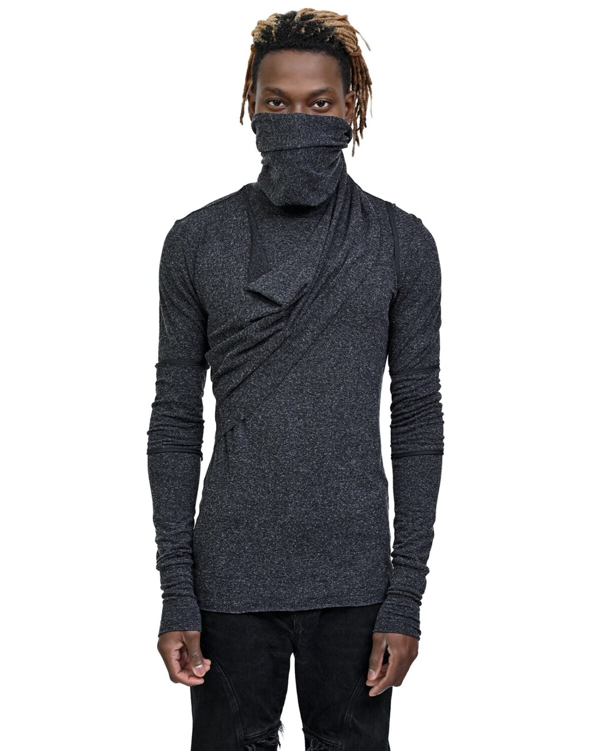MINOAR - Sphere Draped Layers Turtleneck, Men's grey wool with layered construction - 4