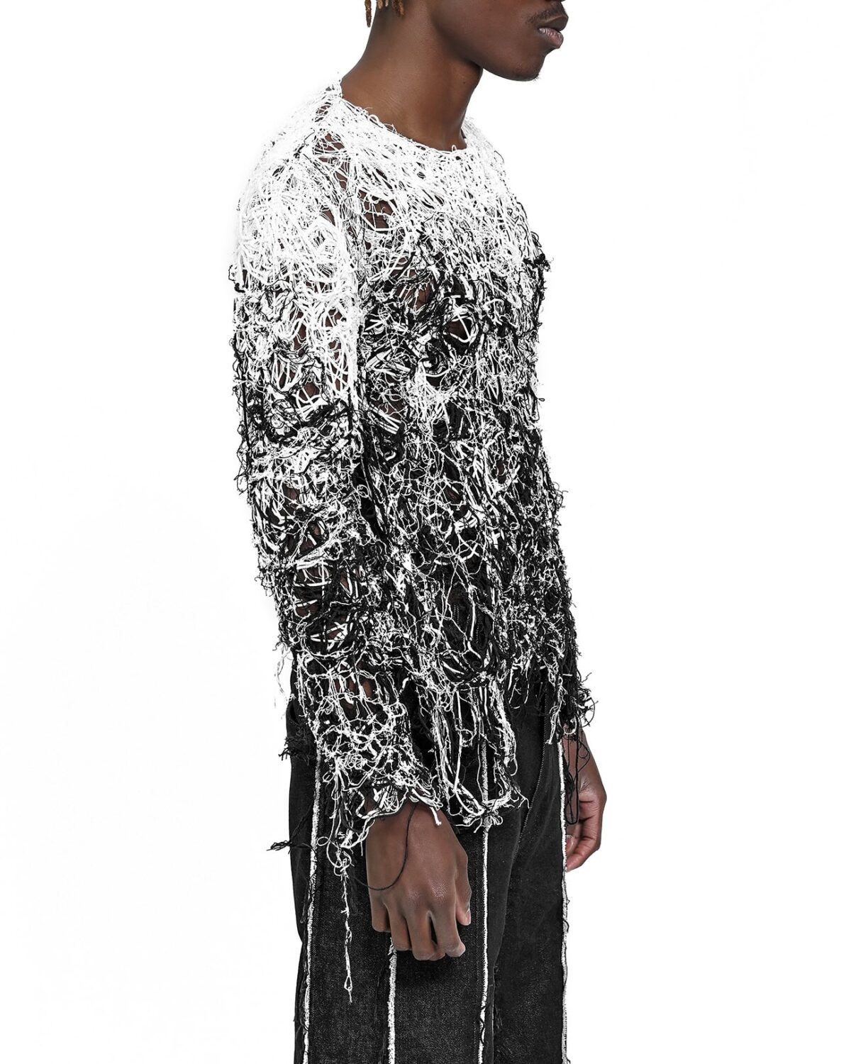 MINOAR - Fiber Bond String Contrast Sweater, Men's black cotton sweater with Fiber-Bond texture - 4